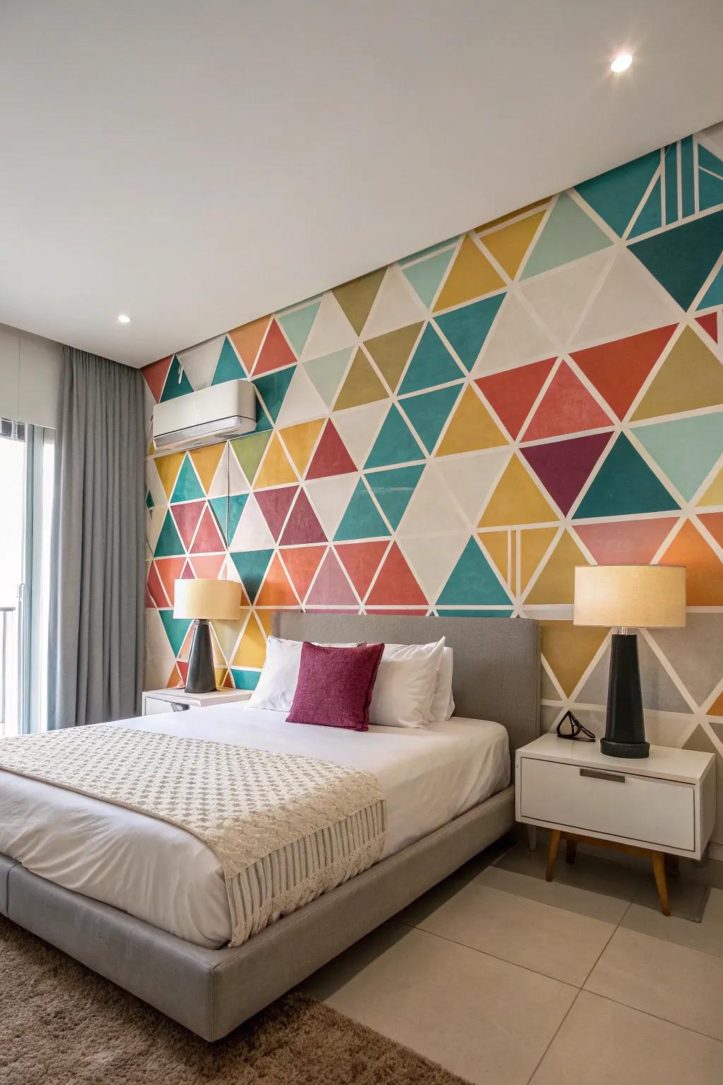 Geometric designs infuse a vibrant and artistic touch into your bedroom.