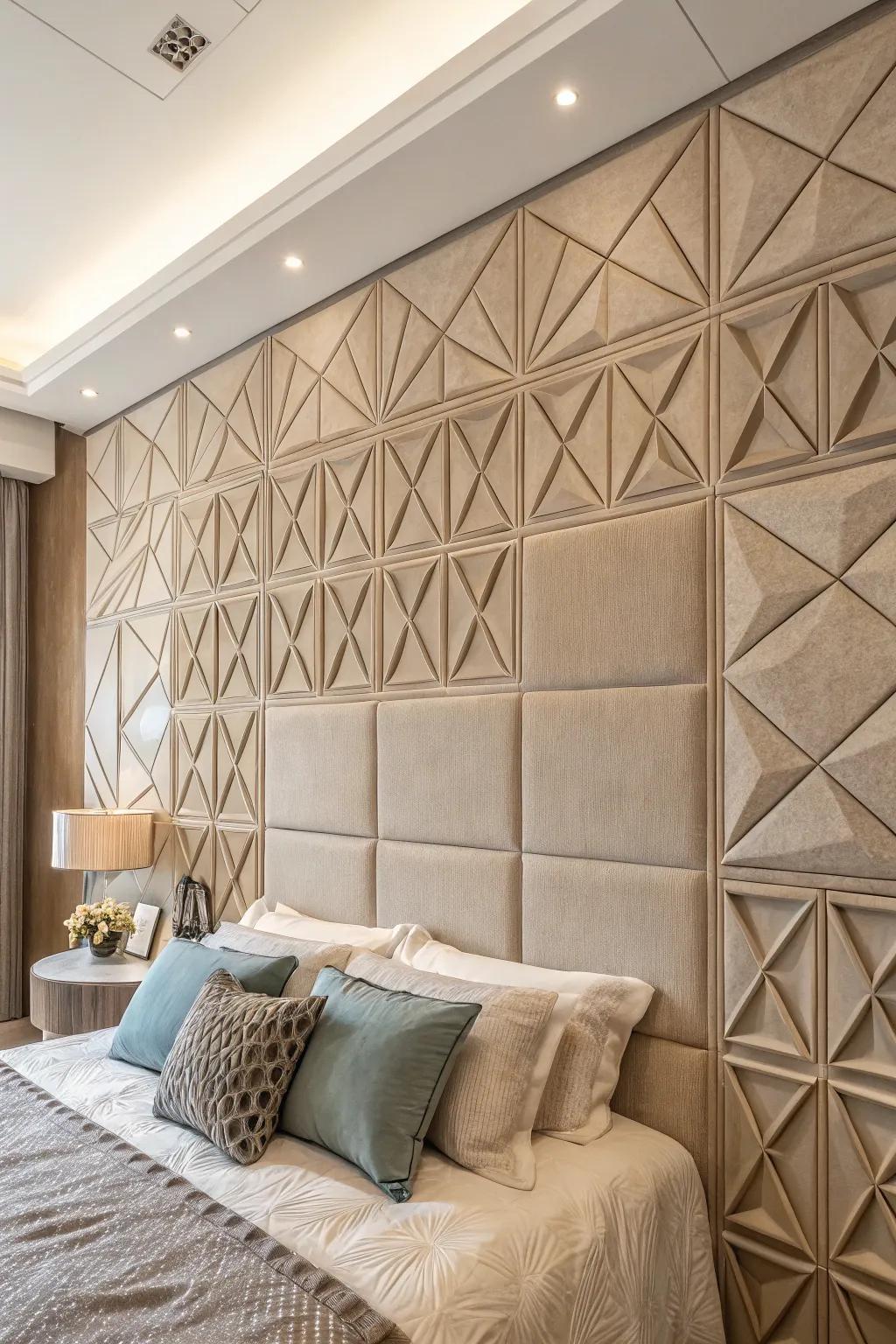 Geometric textures in panel form infuse depth and a modern touch into this bedroom.