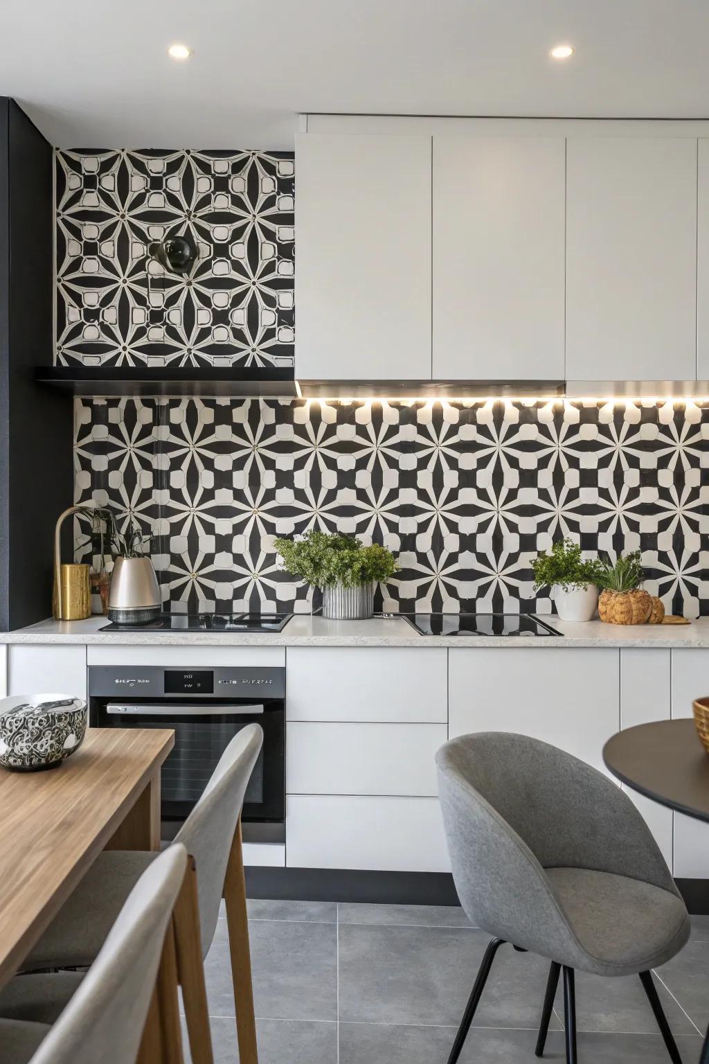 A geometric monochrome backsplash provides a contemporary flair.