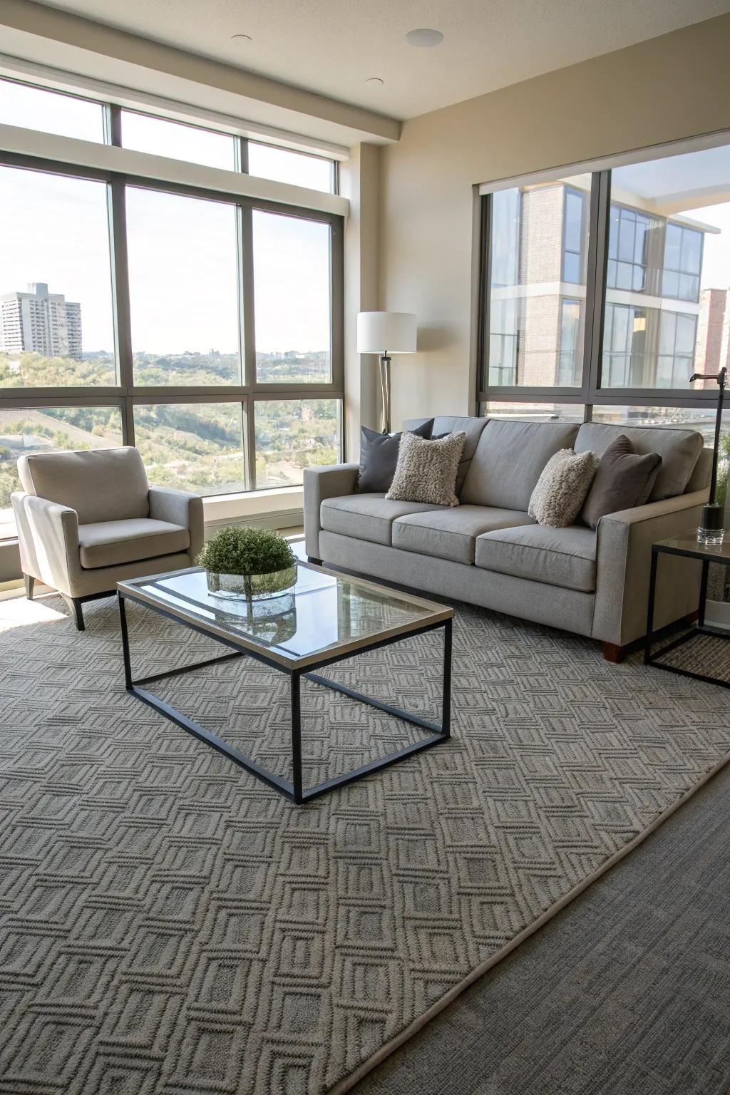 Living area showcasing a soft gray and beige carpet, enhancing the modern decorative scheme