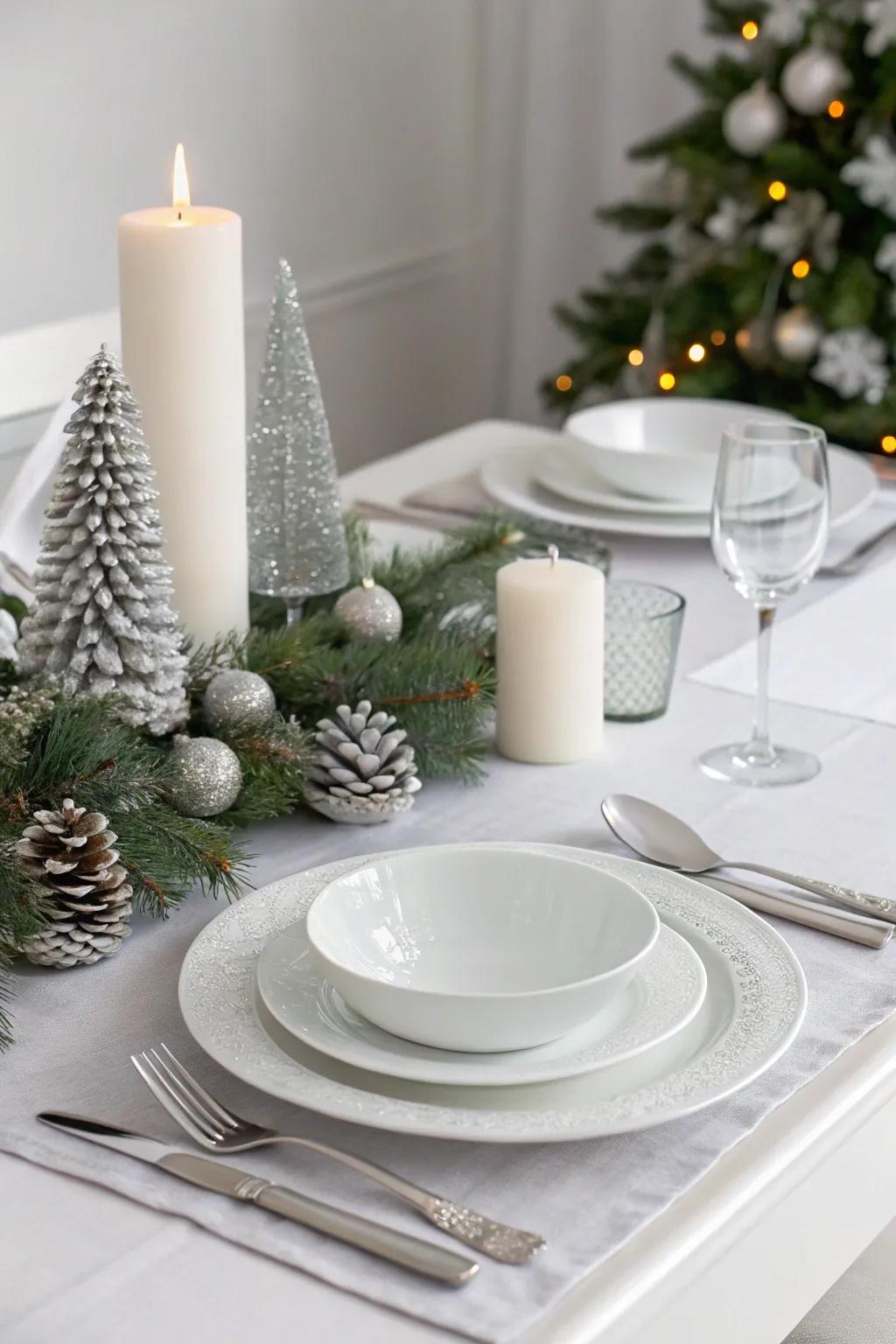 A minimalist Christmas table arrangement showcasing white and silver elegance.