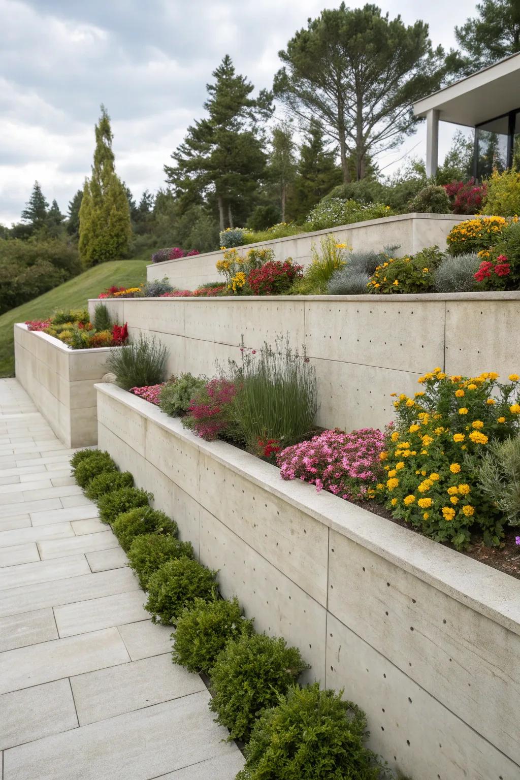 A minimalist concrete wall featuring pure lines, an excellent addition to any contemporary garden.