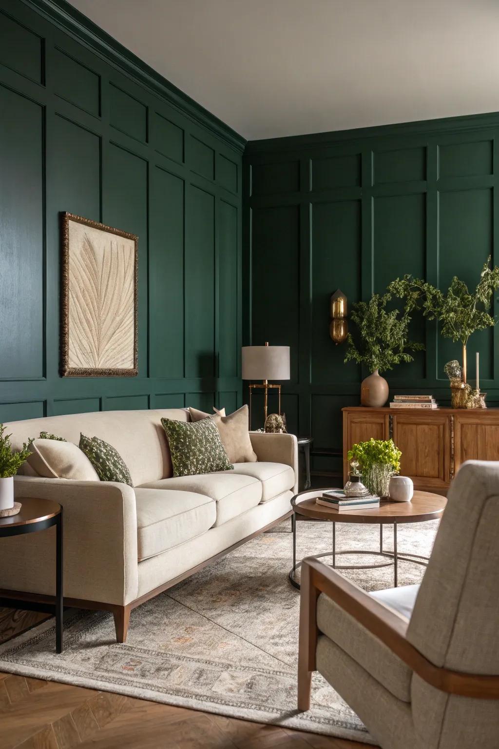 A deep green accent wall serves as a captivating centerpiece in any living room setting.