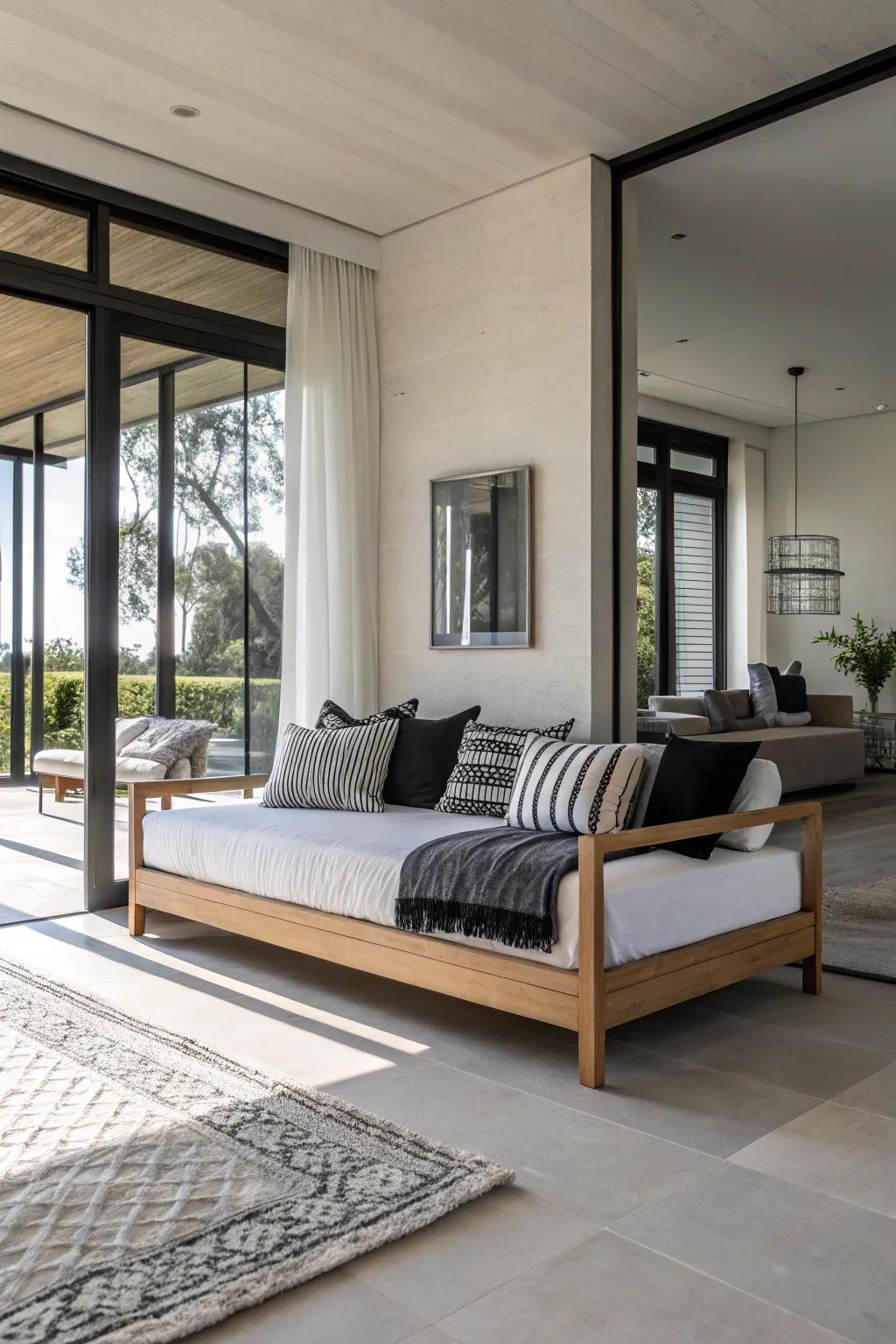 A minimalist daybed featuring monochrome bedding for a smooth, modern look.