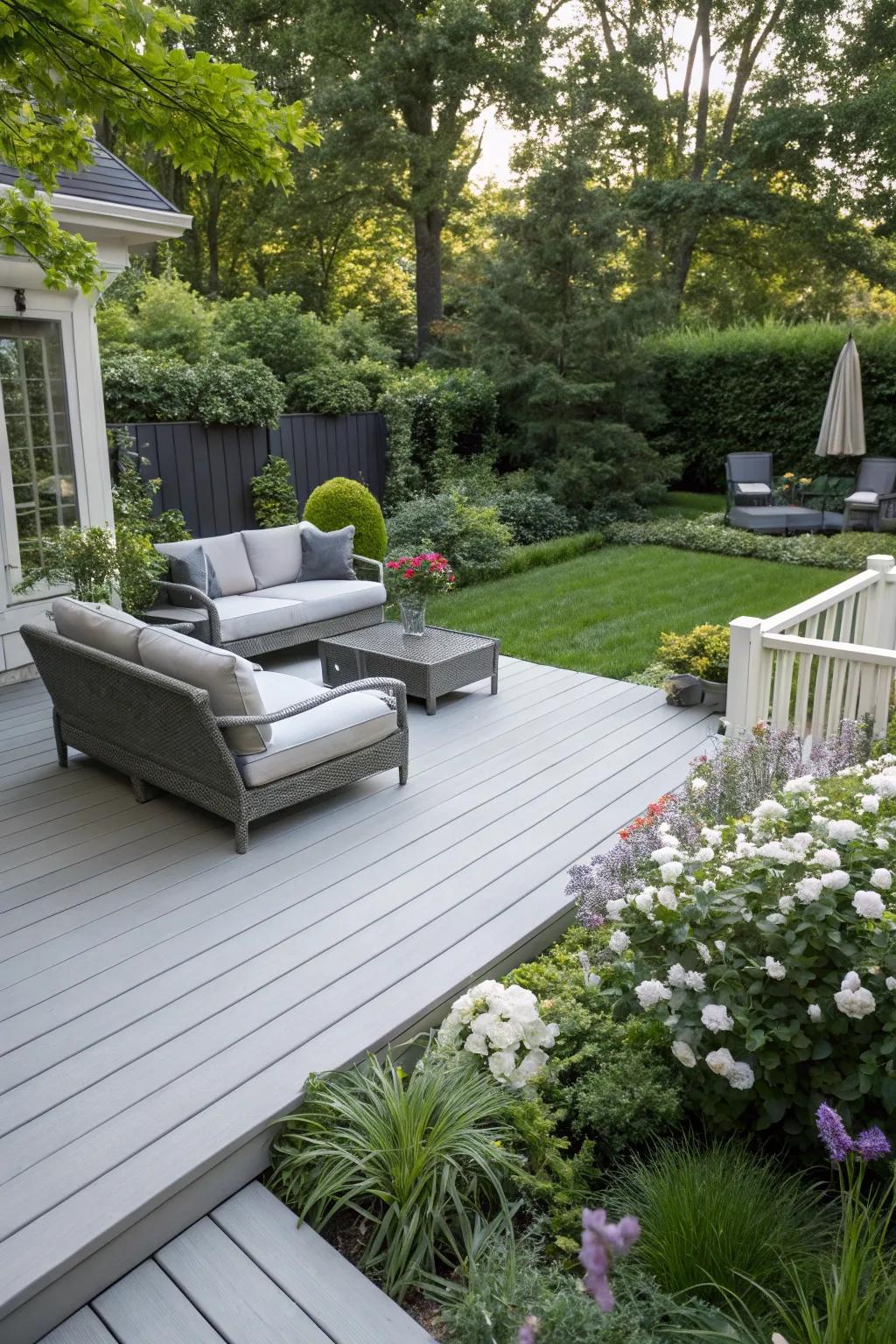 A light gray deck provides a chic and refreshing atmosphere.