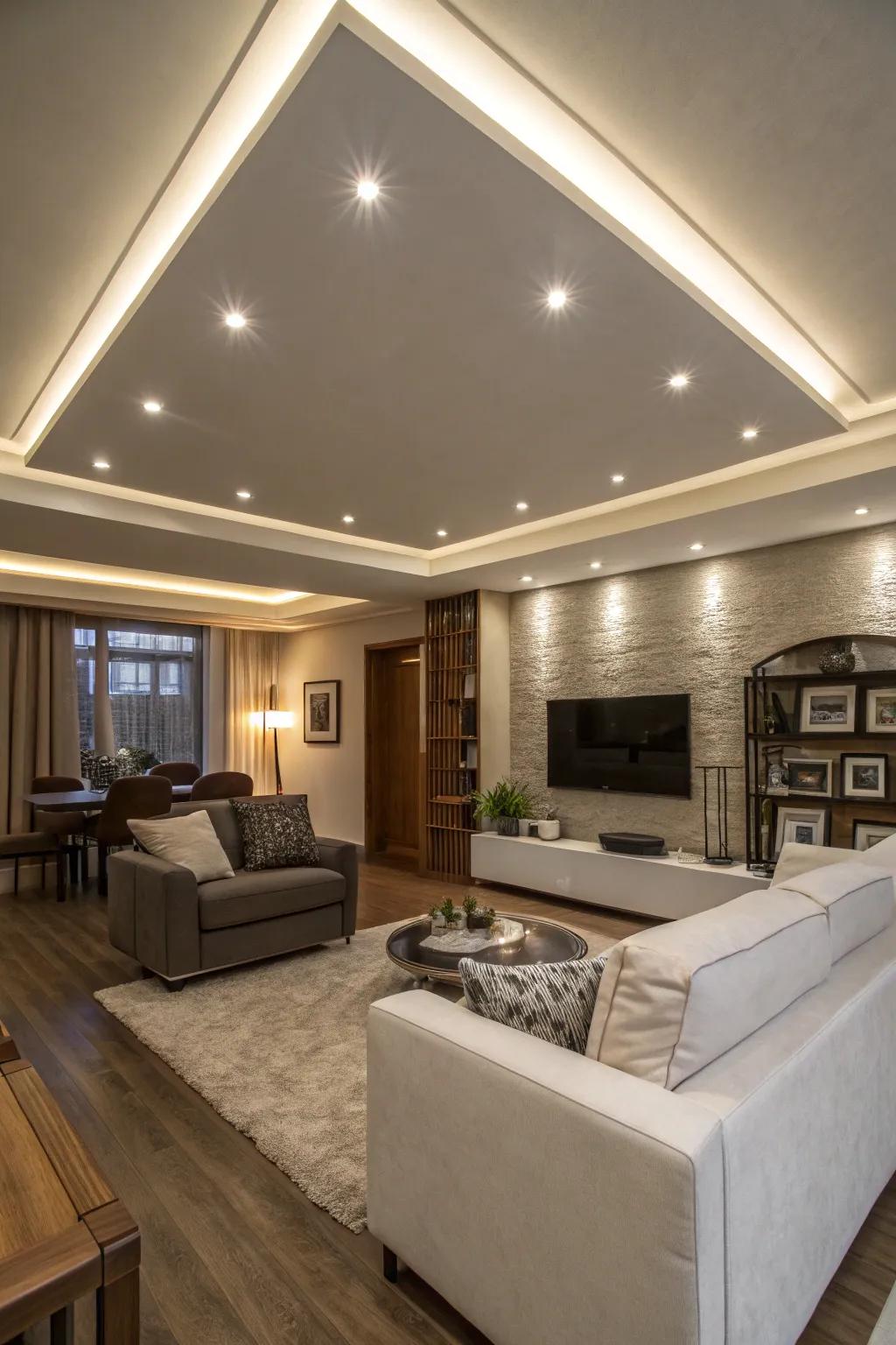 Integrated spotlights merge smoothly into a contemporary ceiling.