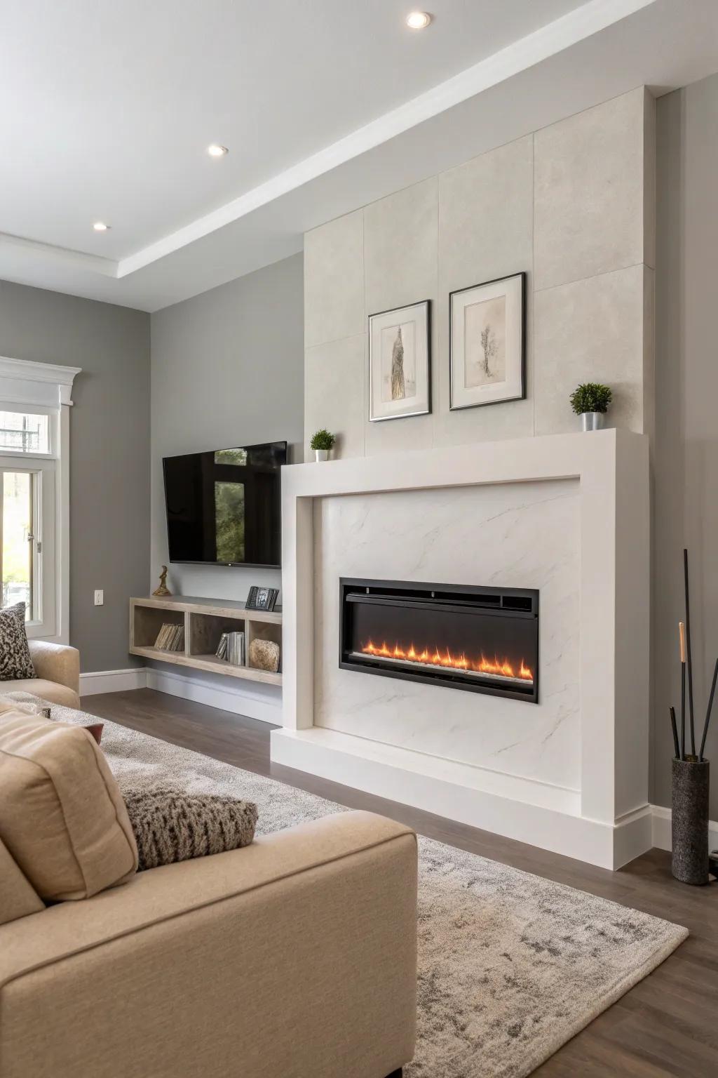 A minimalist electric fireplace attached to the wall inside a contemporary living space.