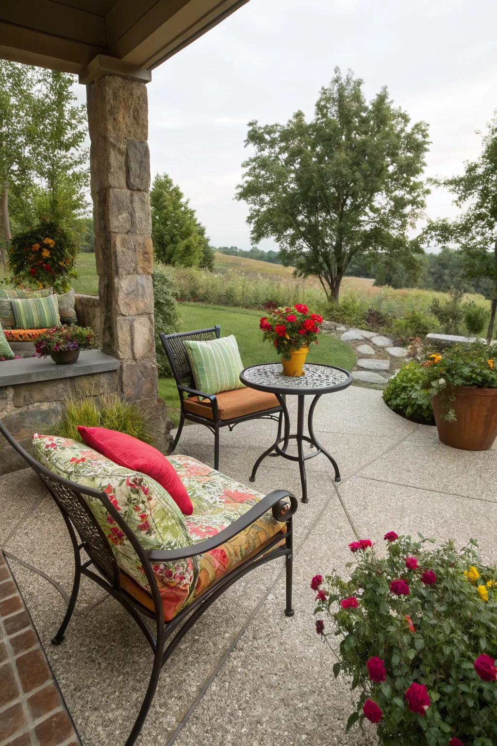 A welcoming nook featuring exposed pebble flooring and colorful cushions.
