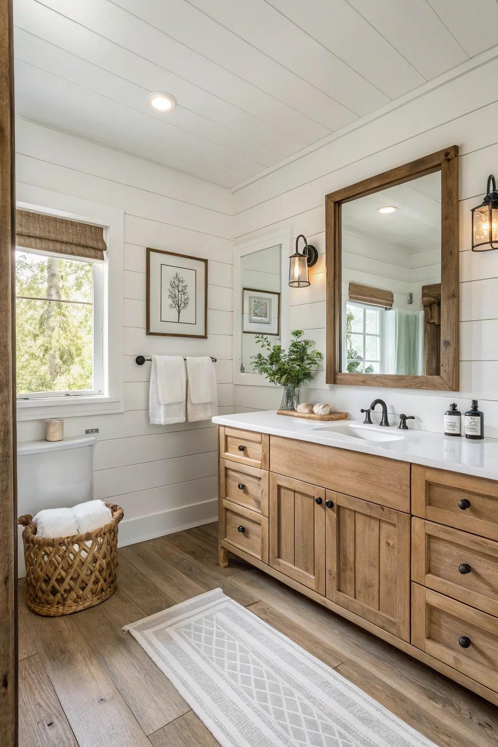 Gentle shades fashion a peaceful setting in this farmhouse-style bathroom.