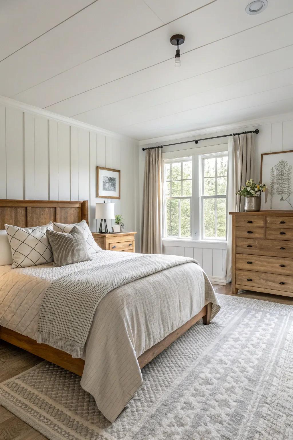 Gentle hues create a serene and peaceful ambiance within this farmhouse bedroom.