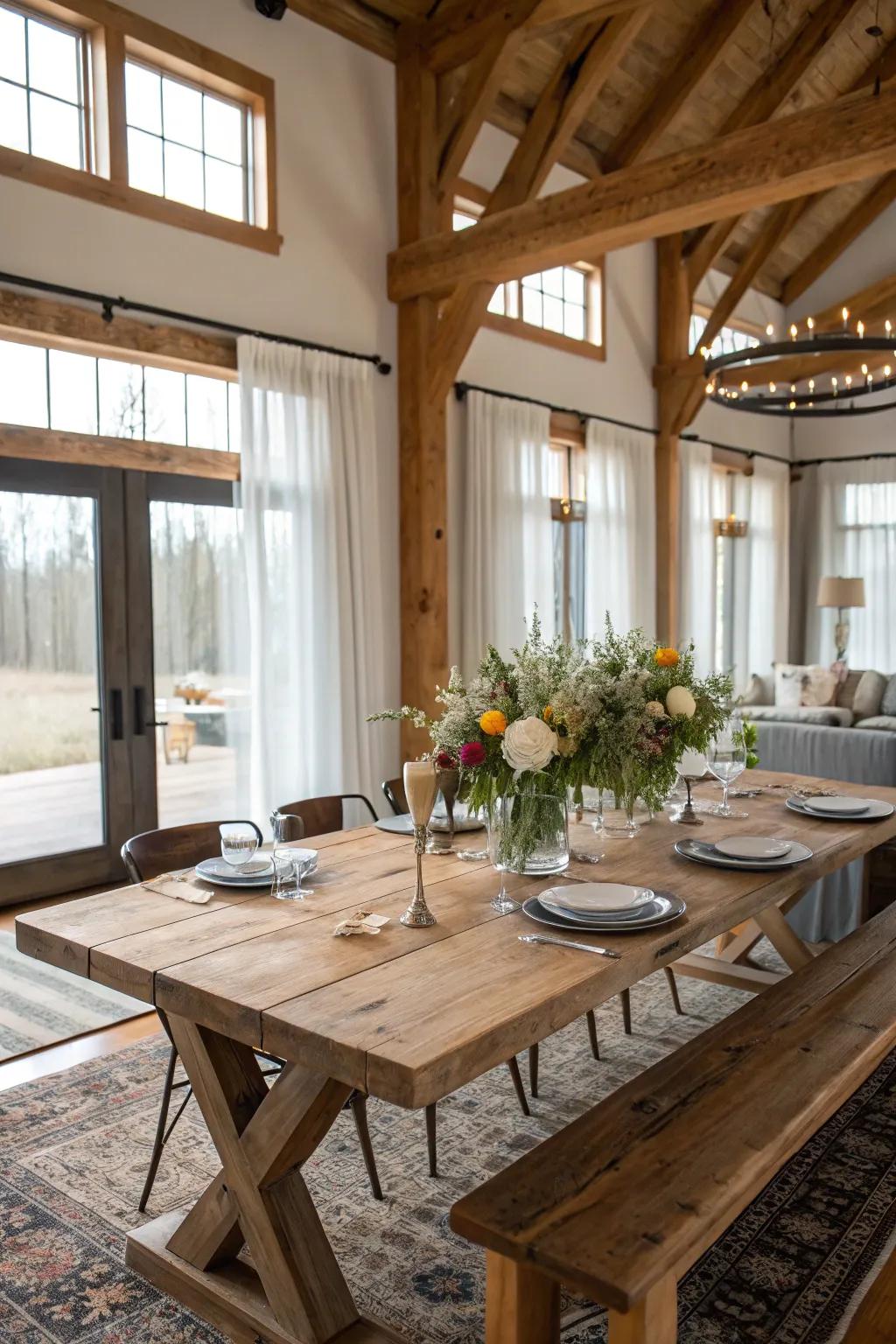 A rustic wooden table sets the tone for your farmhouse dining room.
