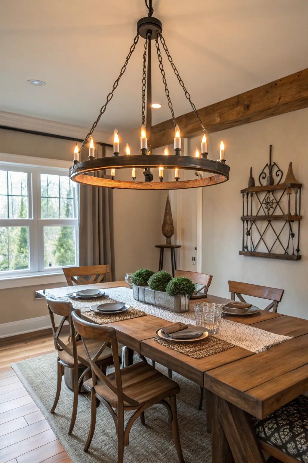 A country metal light fixture introduces individuality to any dining space.