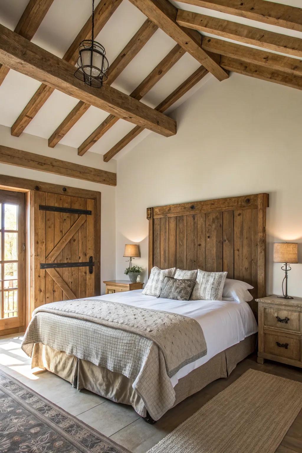 Natural elements such as timber deliver coziness and credibility to a modern farmhouse bedroom.