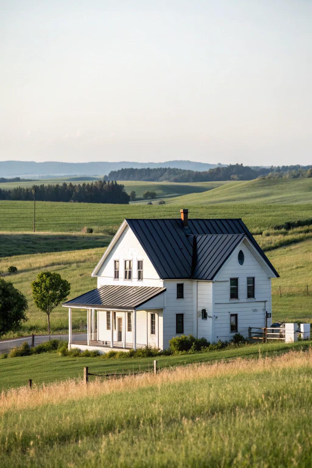 Striking harmony: Where a pristine white farmhouse meets a sleek ebony roof.