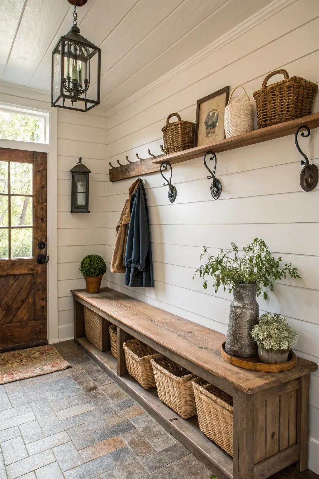 Delightful mudroom featuring panel-style walls for a country-style accent.