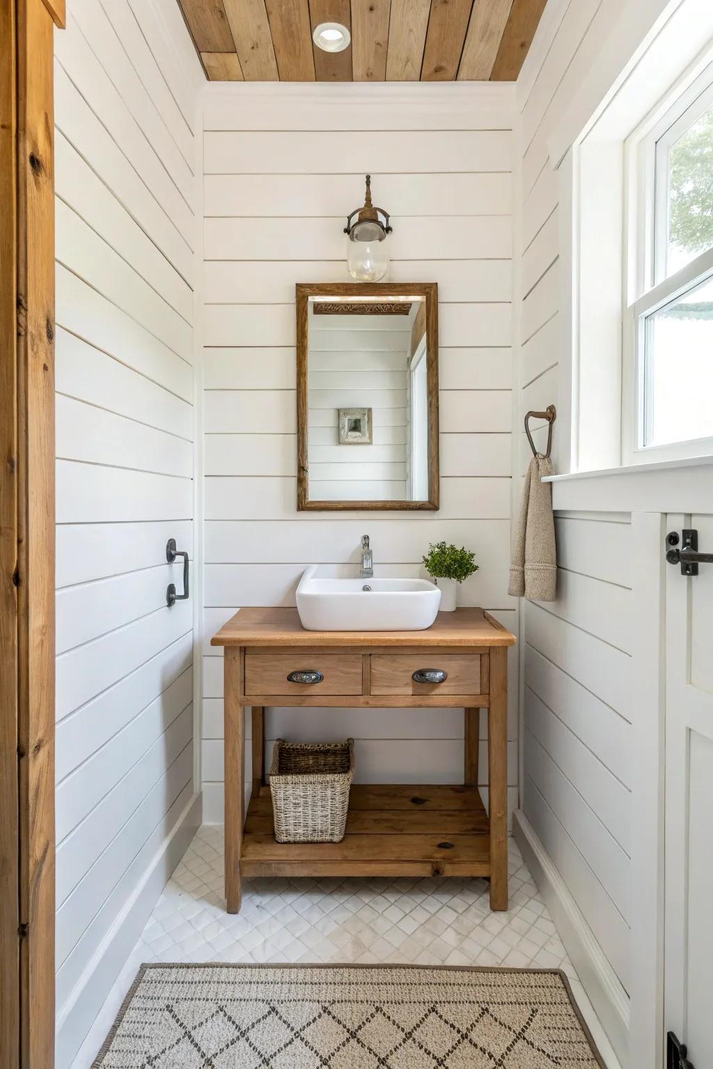 A washroom featuring white paneled cladding and warm wood detailing.