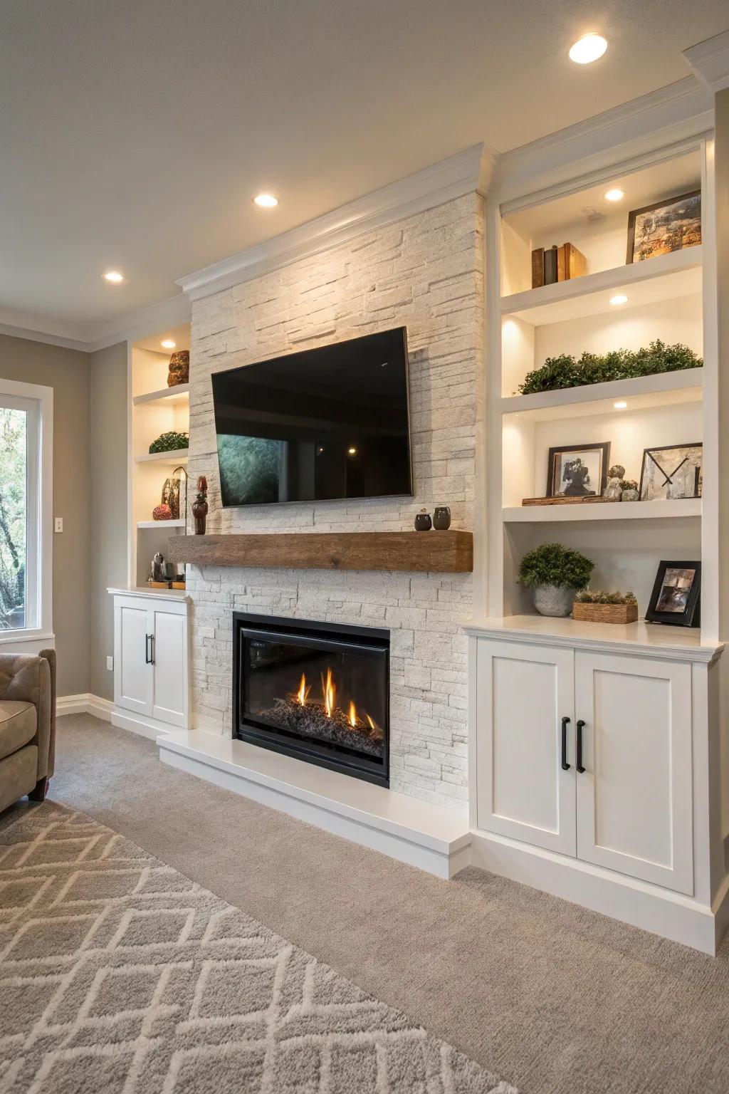 A chic blend of floating shelves encircling a fireplace and TV arrangement.