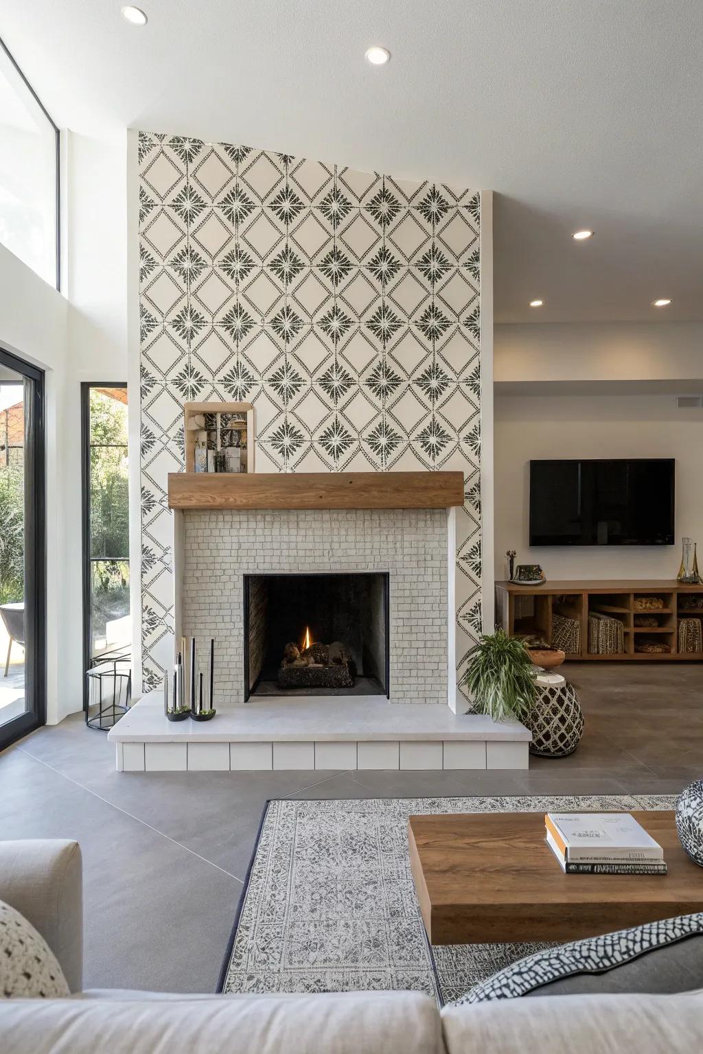 A minimalist fireplace showcasing a geometric tile pattern.