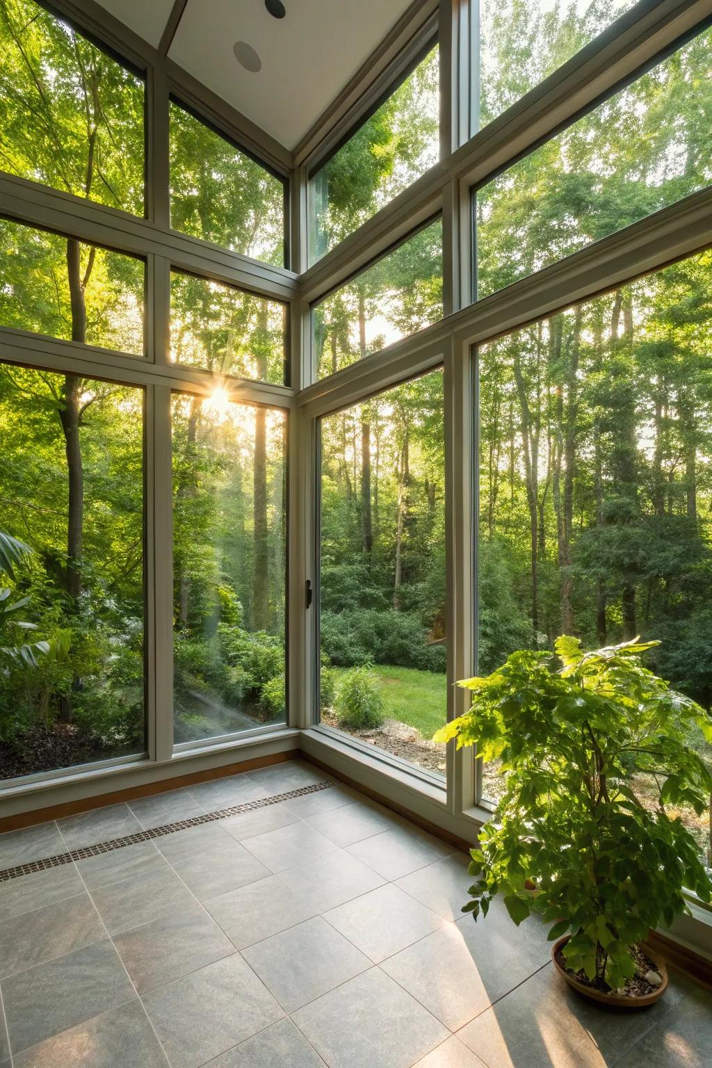 Sunlight pours into a contemporary sunroom, establishing a cozy and welcoming environment.
