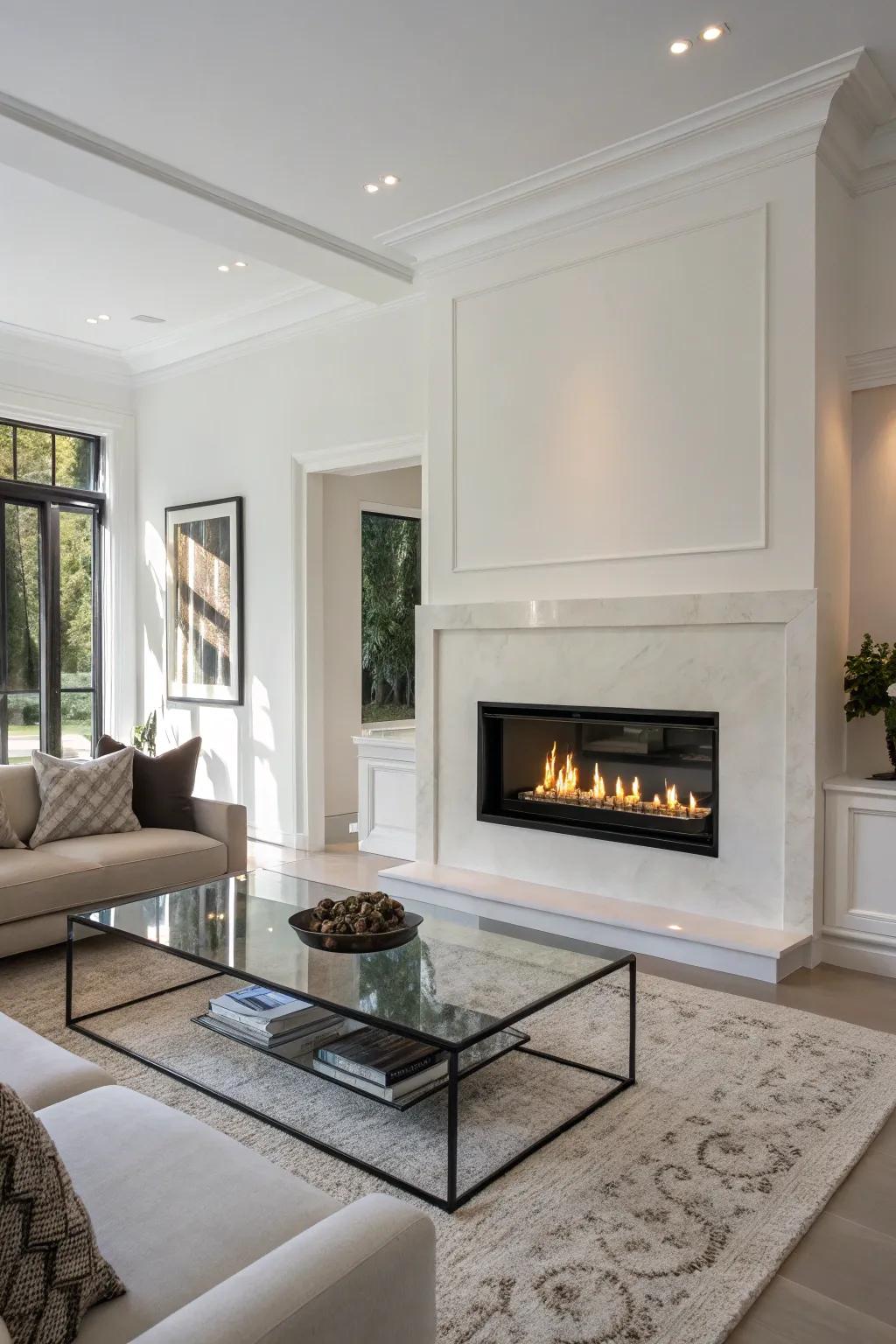 A gas fireplace built into the wall, set in a minimalist design.