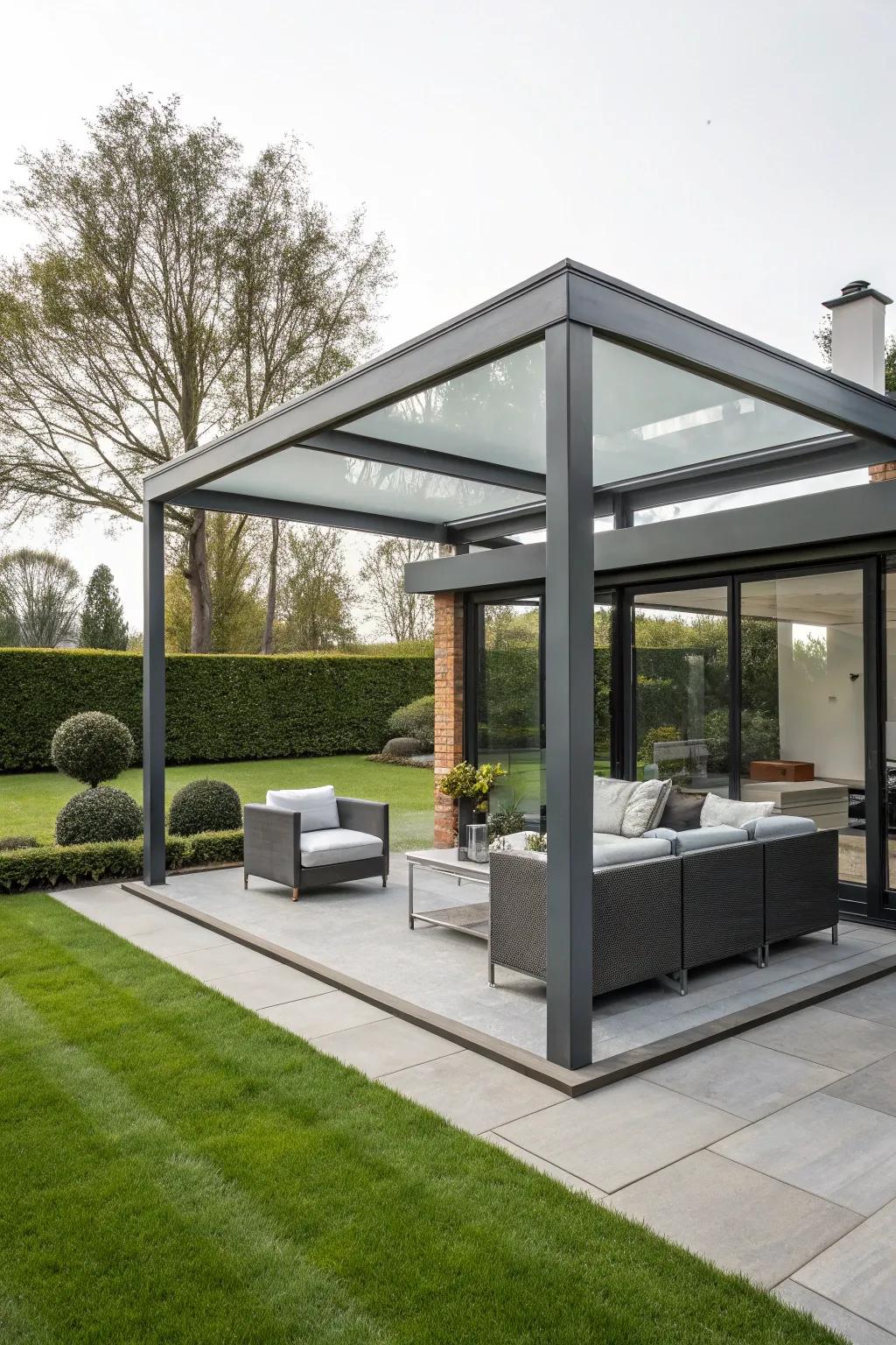 A simple steel and glass gazebo that harmonizes beautifully with a modern backyard setting.