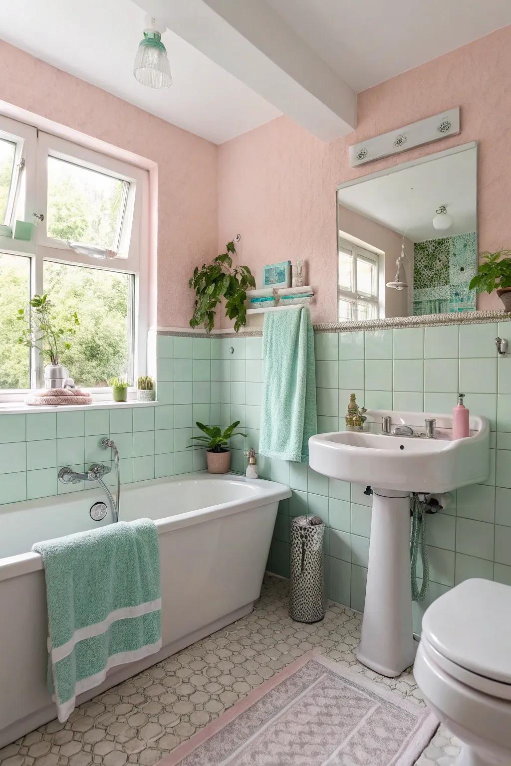 A bathroom showcasing a delicate pastel palette featuring rosy pink walls and gentle green highlights.