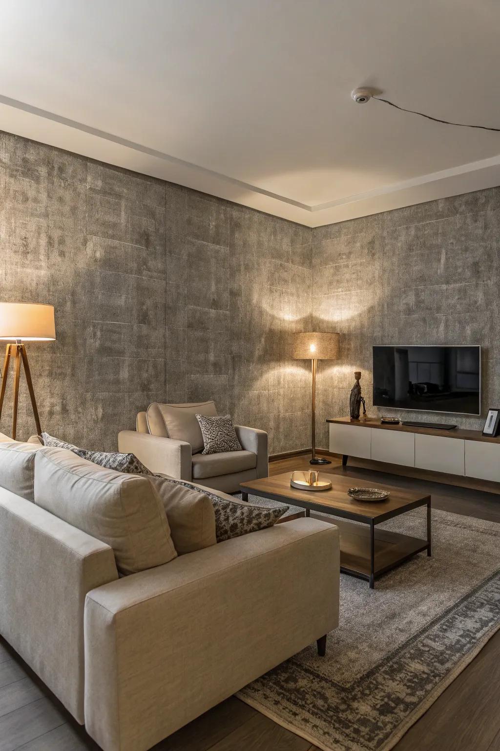 Textured grey wall covering enriches the lounge's dimension.