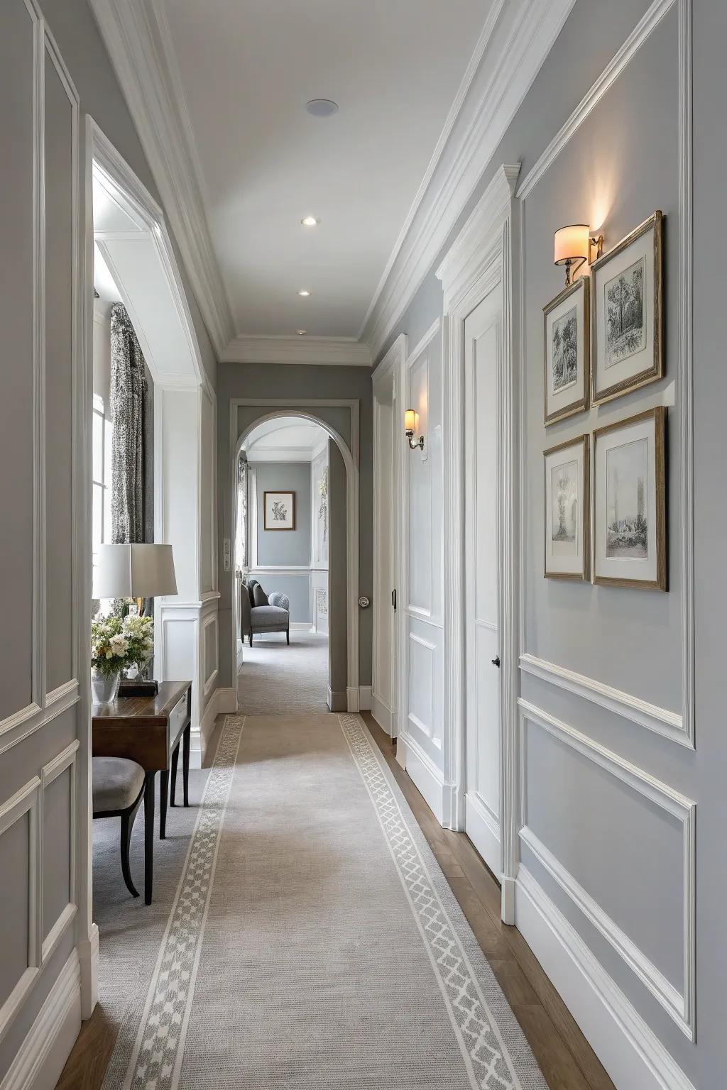 A hallway bathed in soft gray creates a timeless and versatile ambiance.
