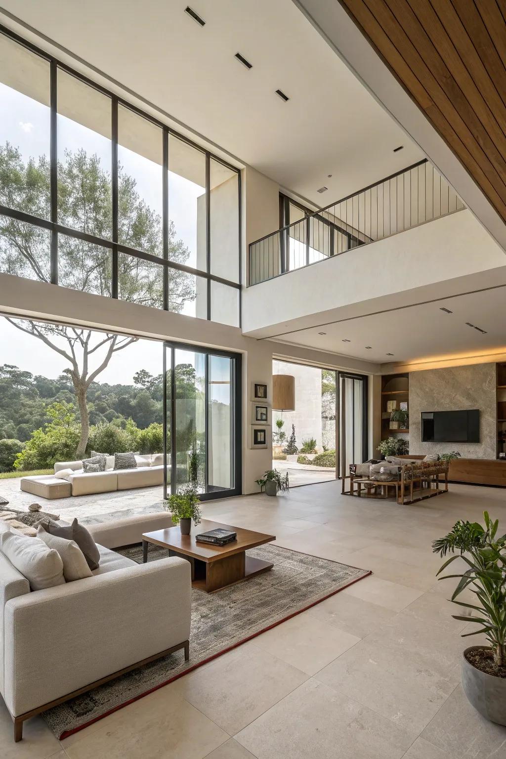 A contemporary open living space featuring minimal divisions.