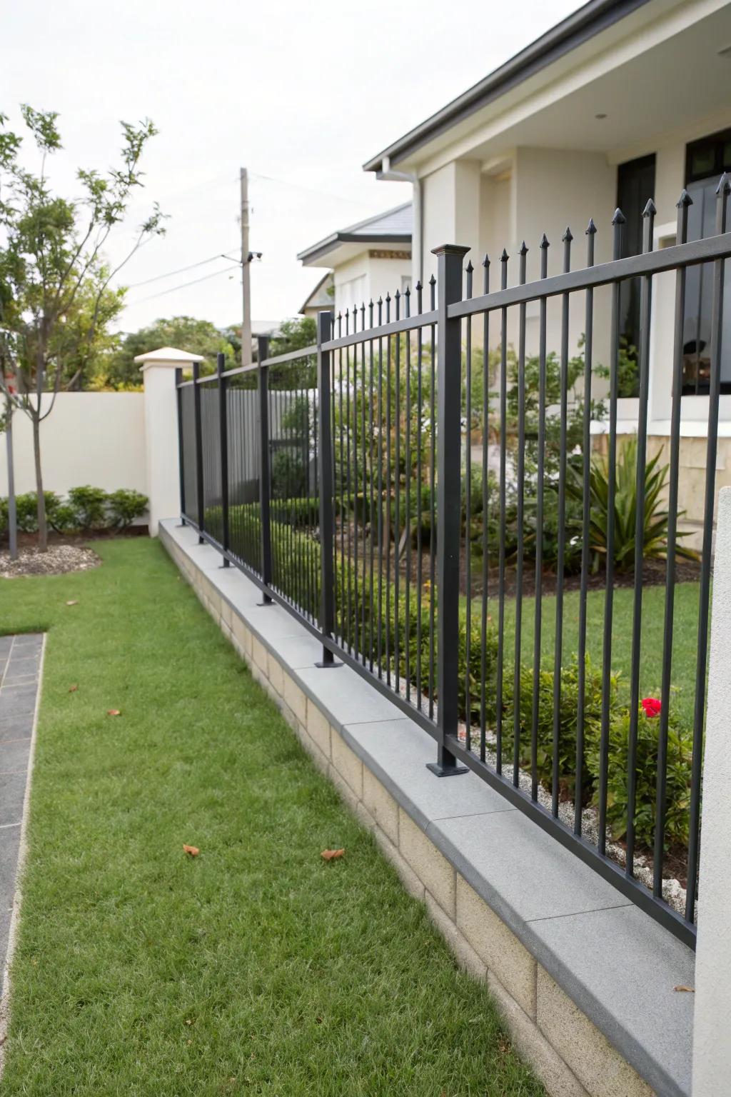 A minimalist metal fence enhances the curb appeal of a modern residence.