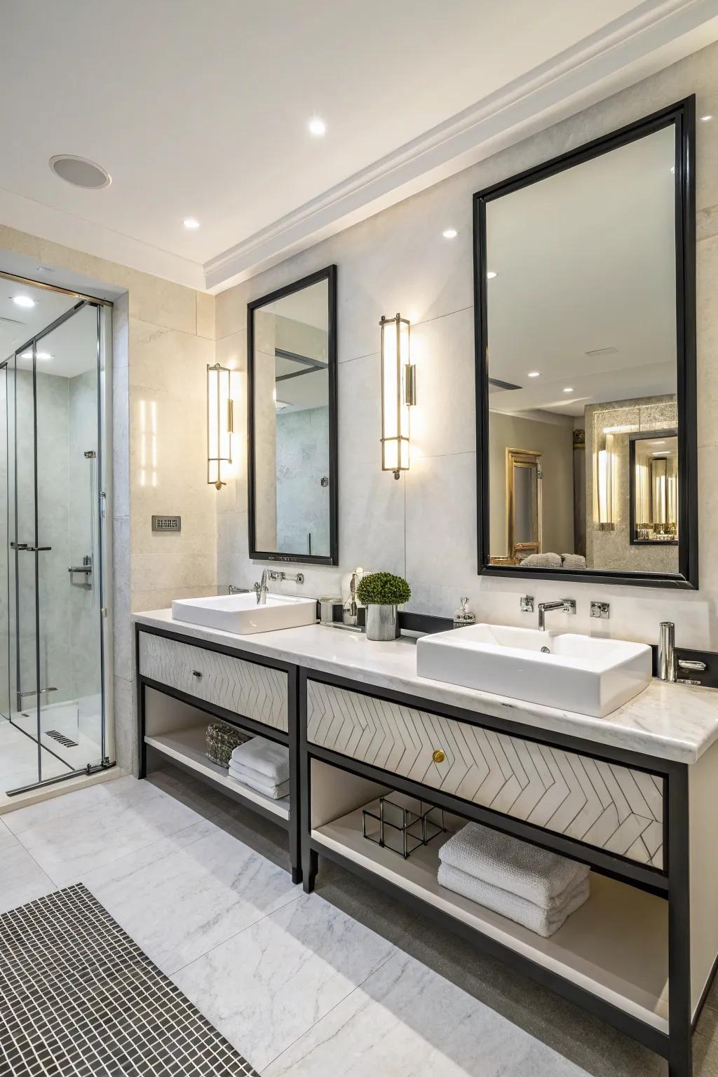 Dual washbasins offer personal space inside a shared lavatory.
