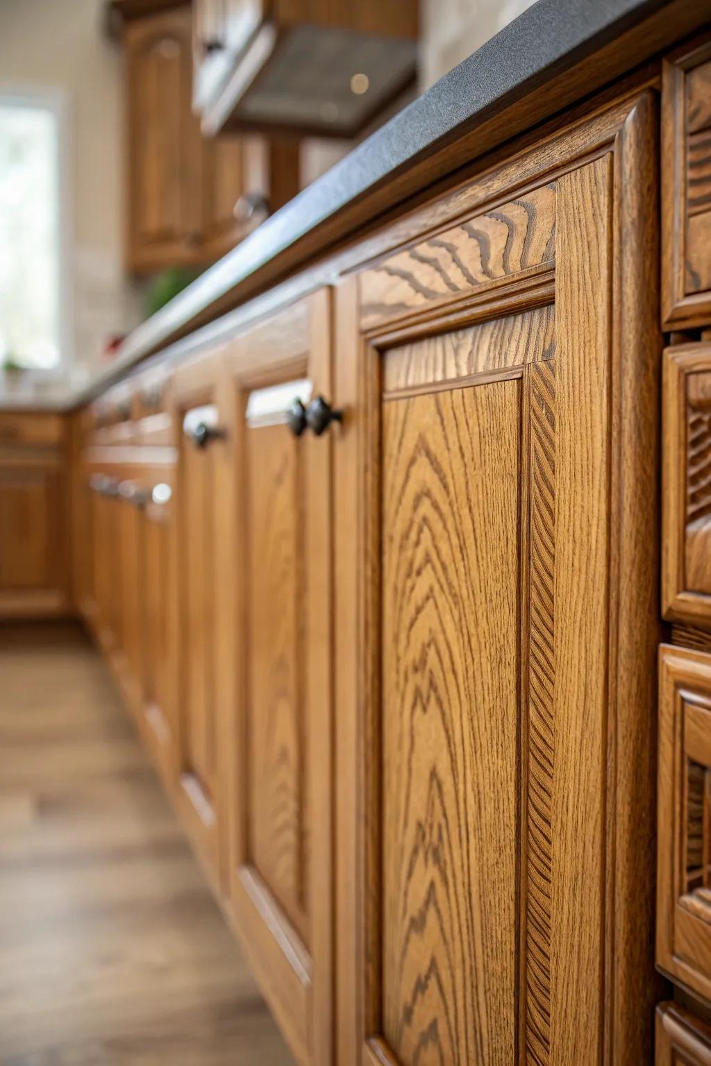The natural patterns of golden-toned cabinetry enrich the character of any kitchen.