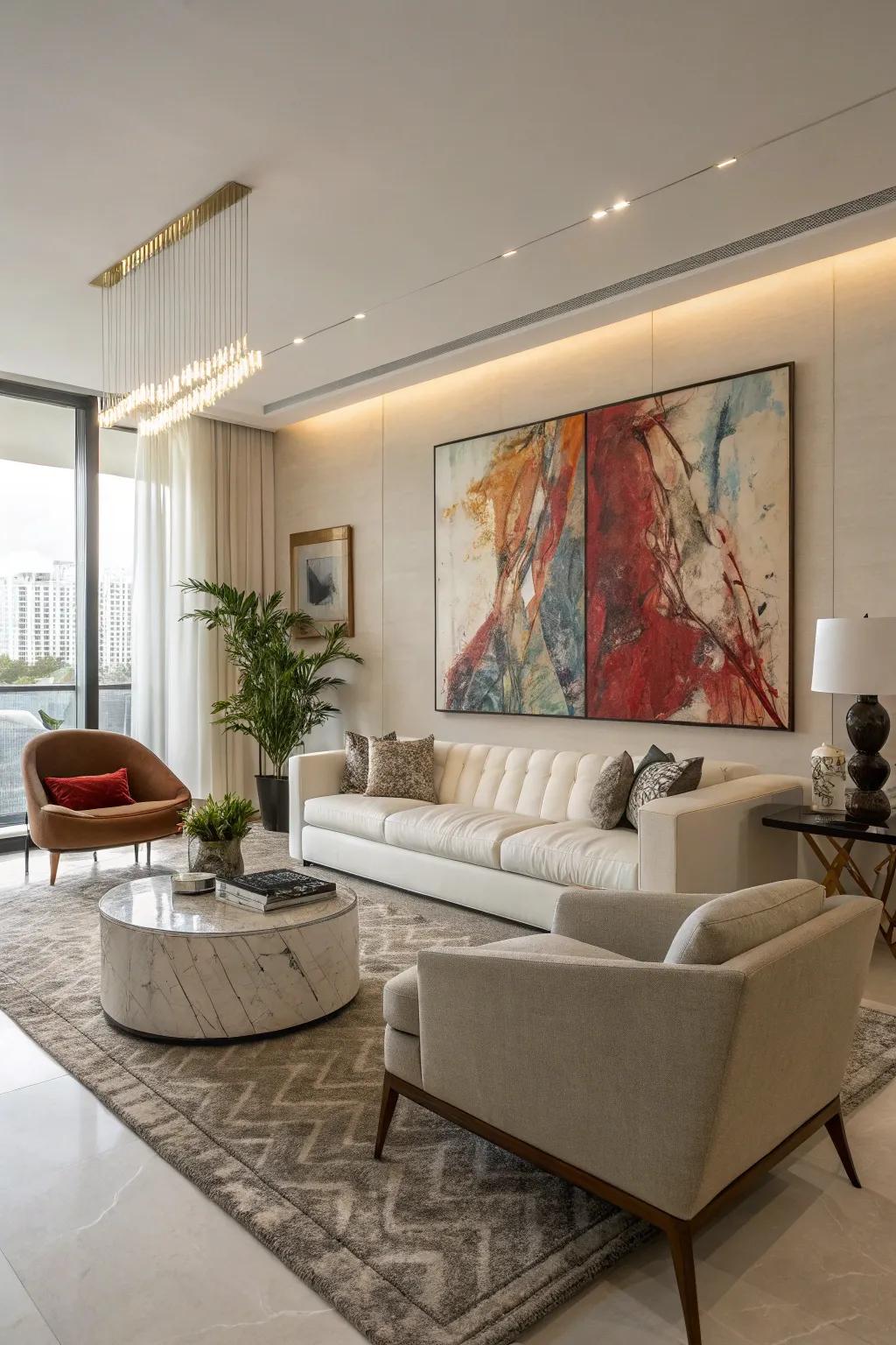 A large visionary artwork acts as a vibrant center of attention in a modern family room.