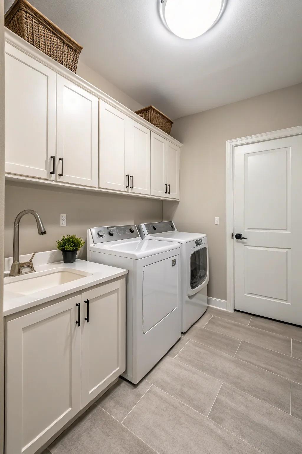 Simple design offers a tranquil laundry experience.