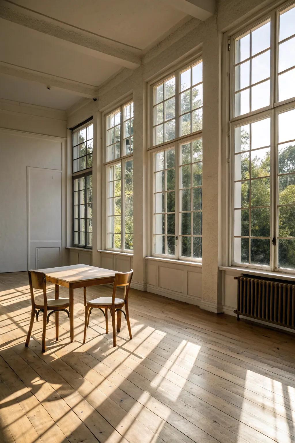 Sunlight pouring into a room with light wood floors creates a breezy ambiance.
