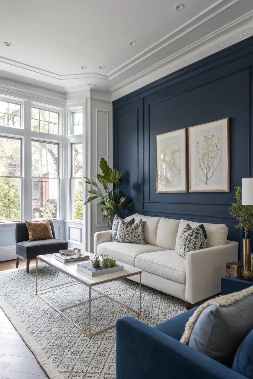 A breathtaking living area highlighting the dramatic contrast of dark blue and white.