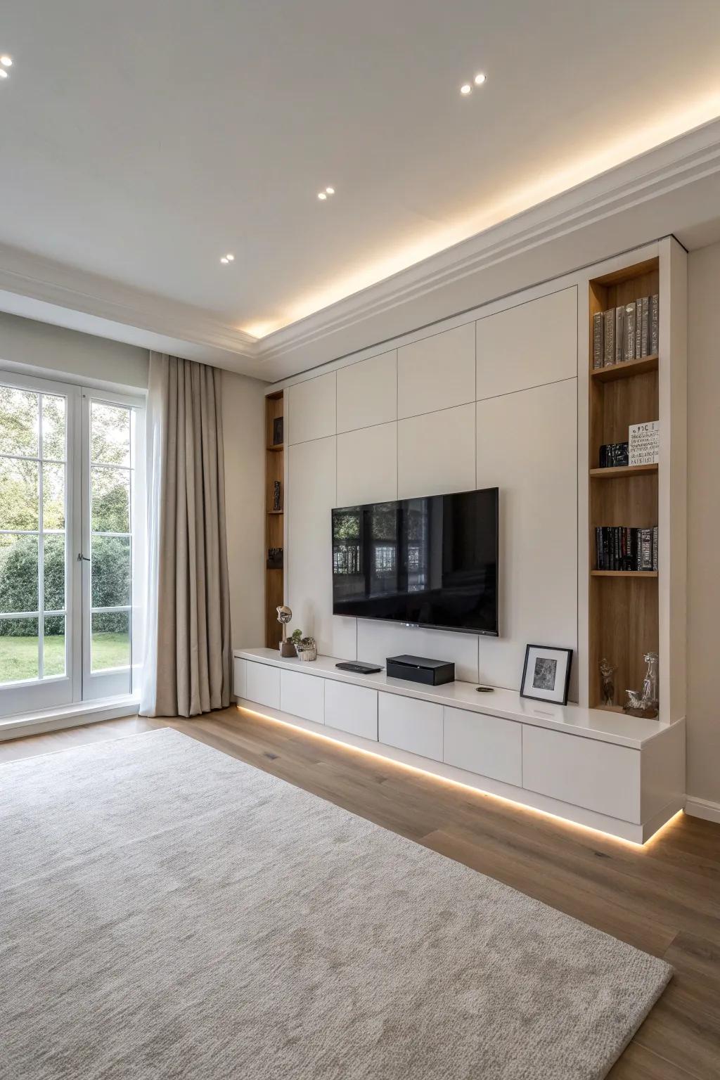 A minimalist elevated media surface that fosters a tidy and contemporary visual.