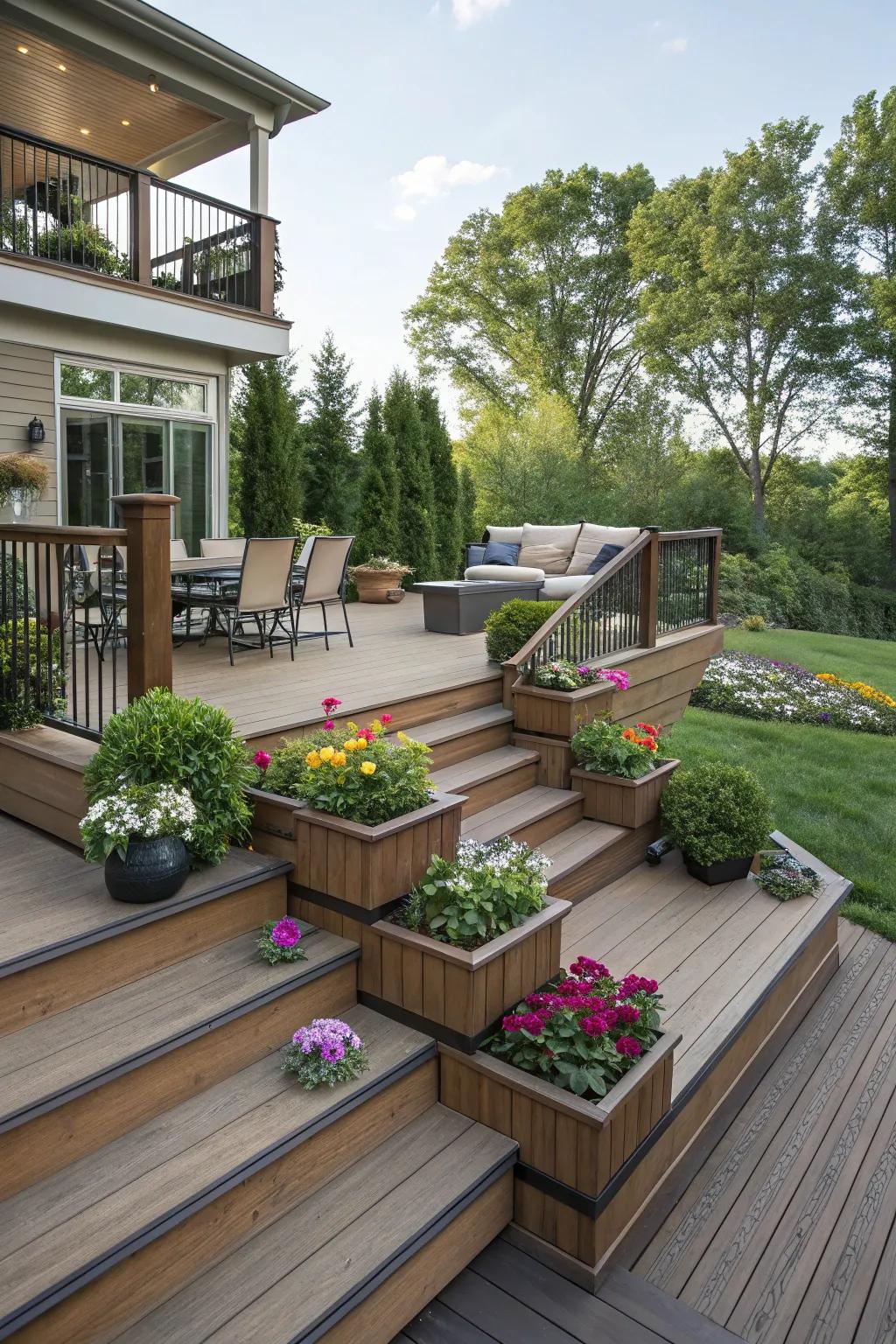 An exquisitely tiered deck showcasing diverse vantage points and inviting seating.