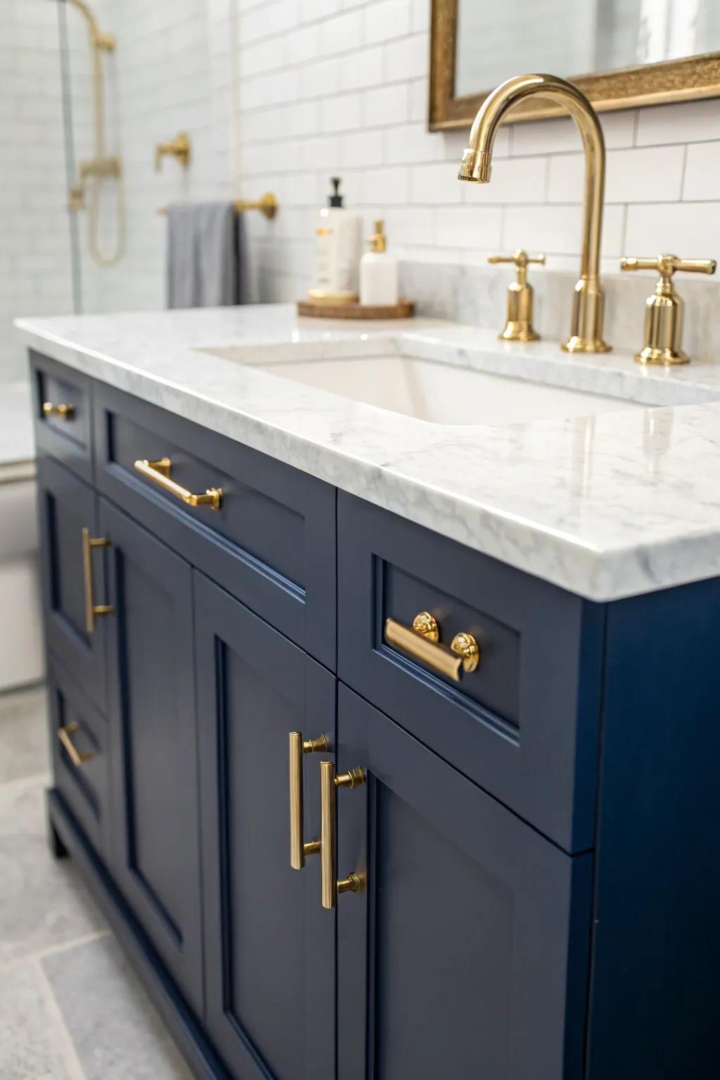 A deep sea blue console paired with golden fixtures presents a captivating contrast.