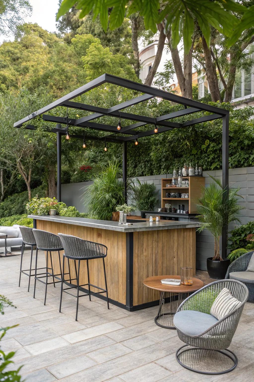 A state-of-the-art outdoor bar featuring metal and wood for an edgy, industrial feel.