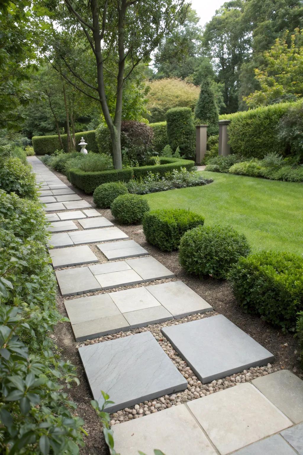 A modern garden path showcasing geometric surface blocks for an impressive visual impact.