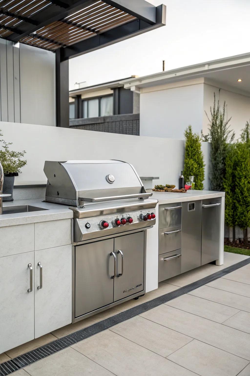 An elegant chrome finish grill bringing modern sophistication to open-air cooking.