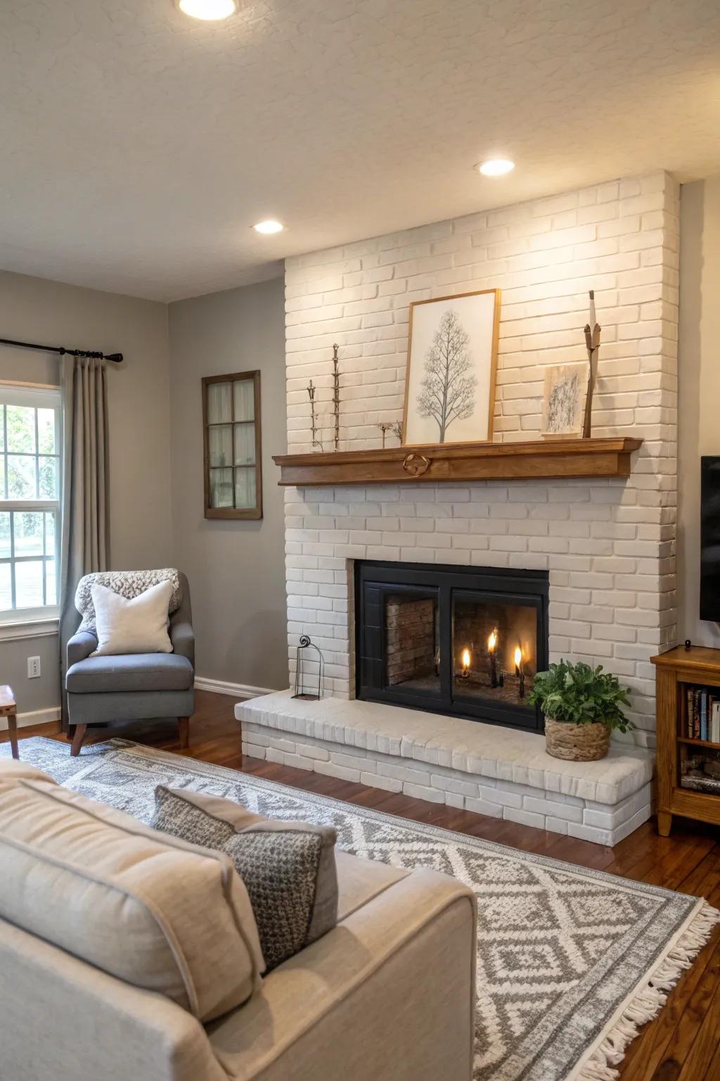 Ash-painted brick fireplace radiates contemporary refinement.