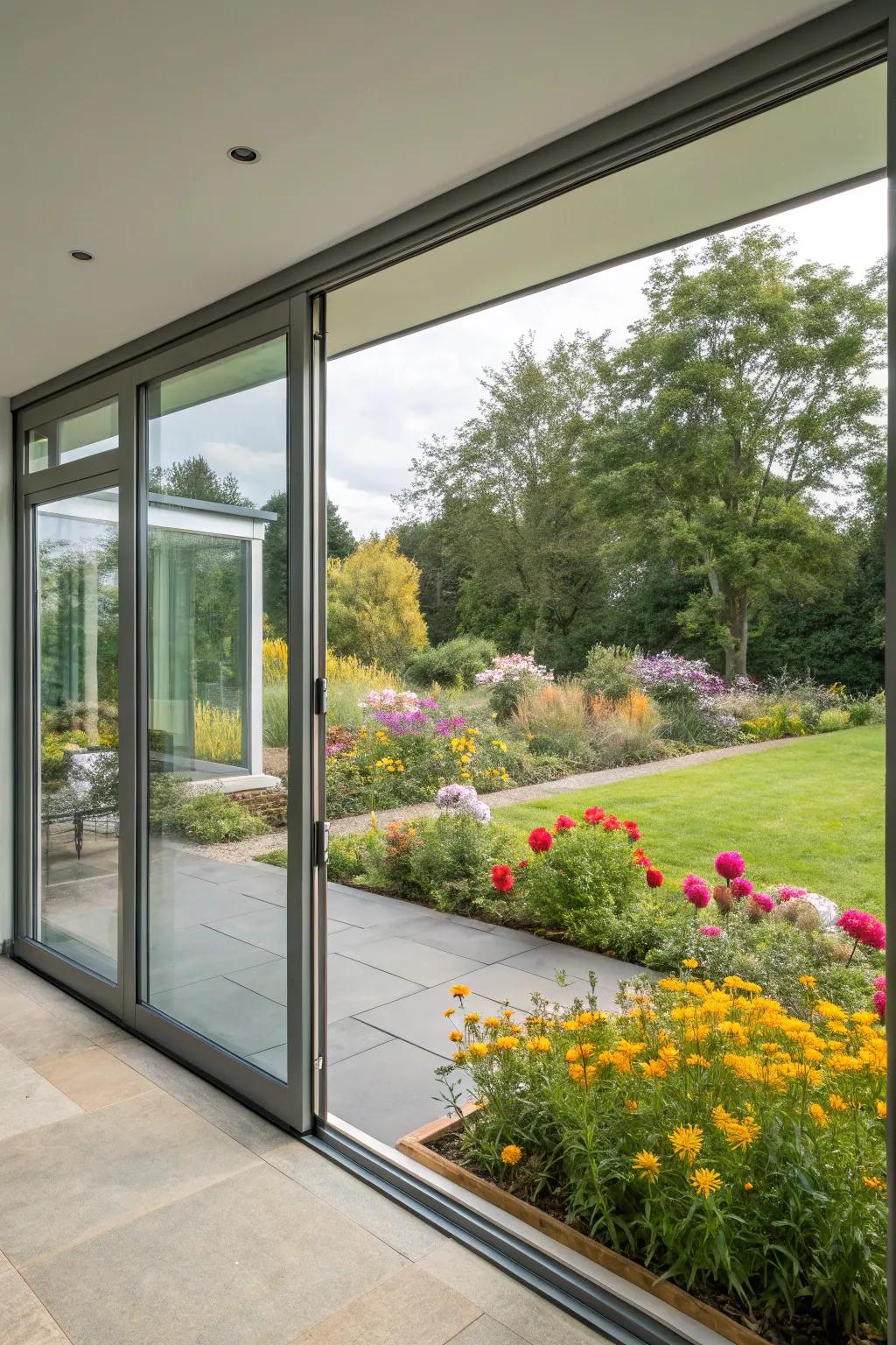Expansive glass entryways offering unrestricted views of the garden.