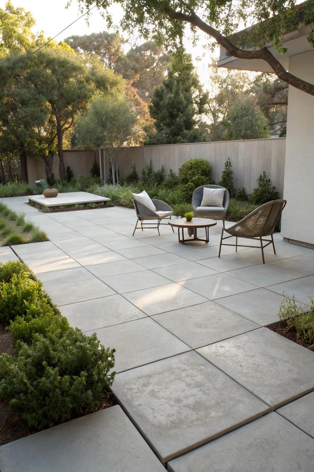Refined cement slabs establish a minimalist atmosphere for modern patios.