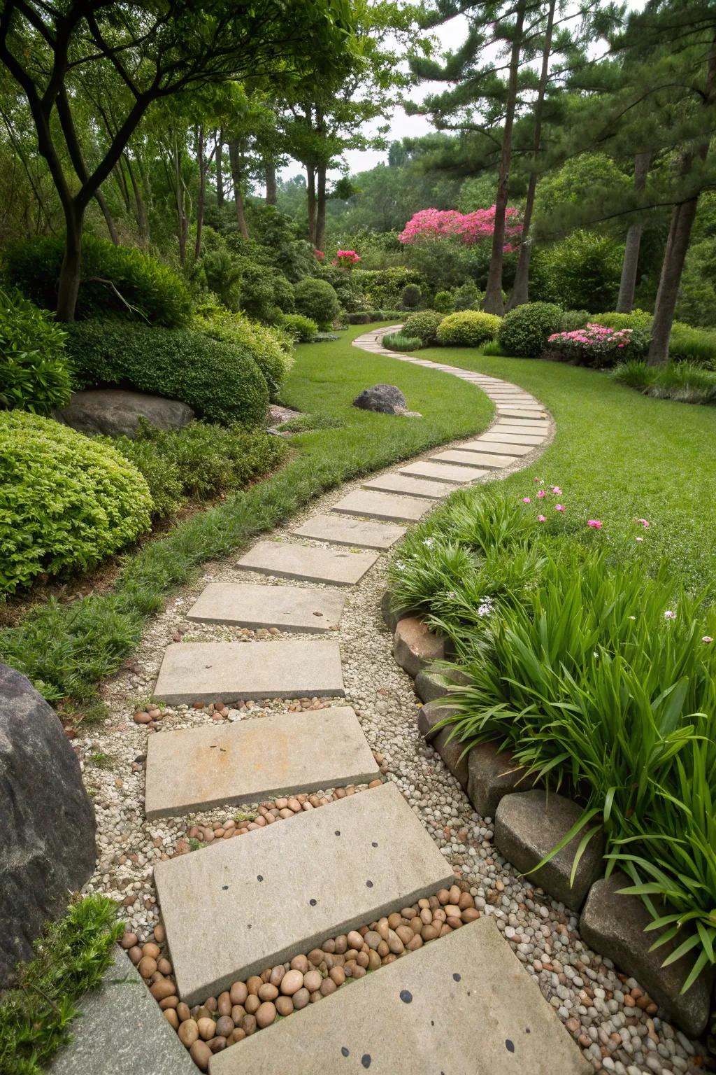 A peaceful pebble path inspires discovery and serenity.