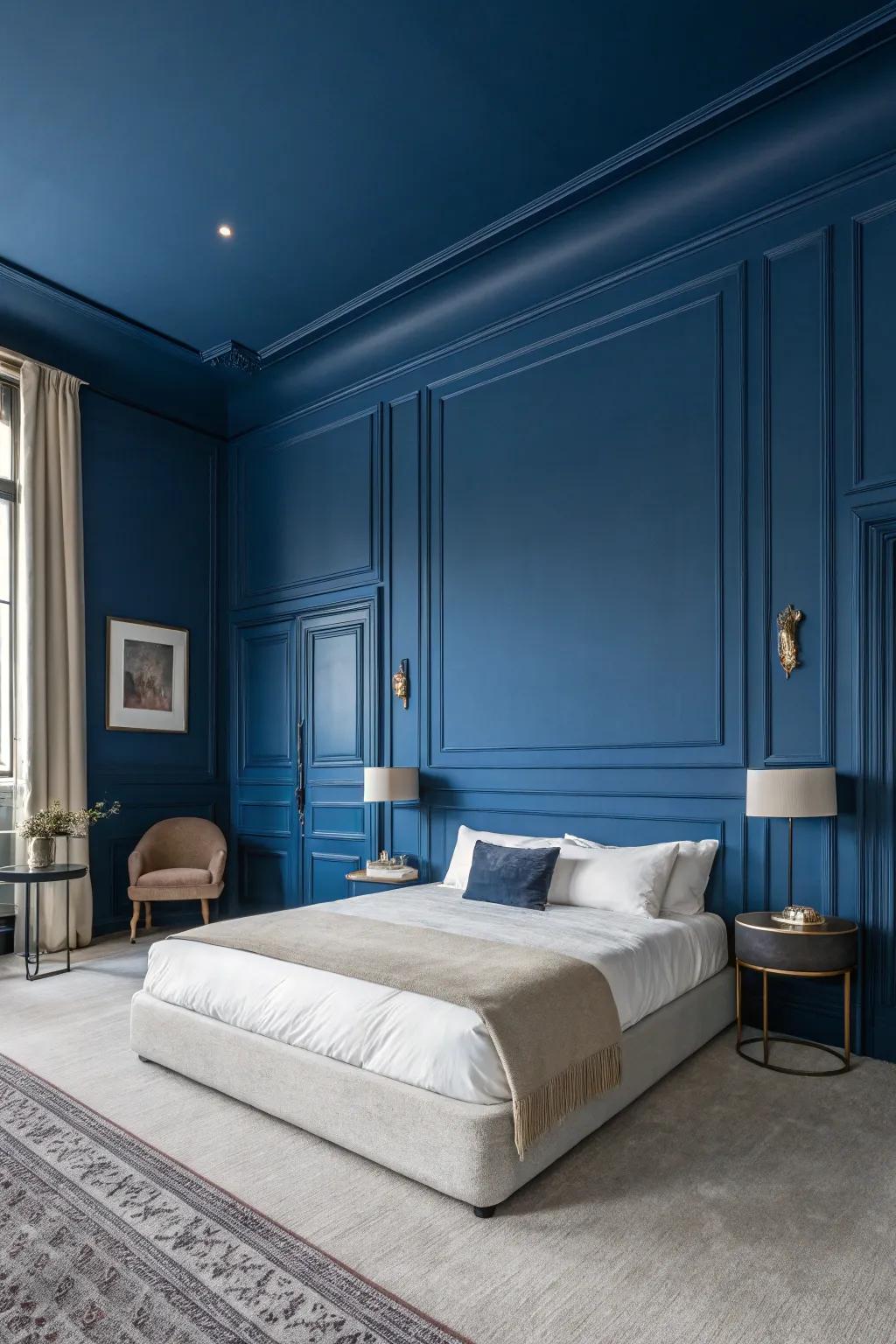 Walls painted in deep sapphire provide a noticeable and sophisticated backdrop for a modern sleeping quarter.
