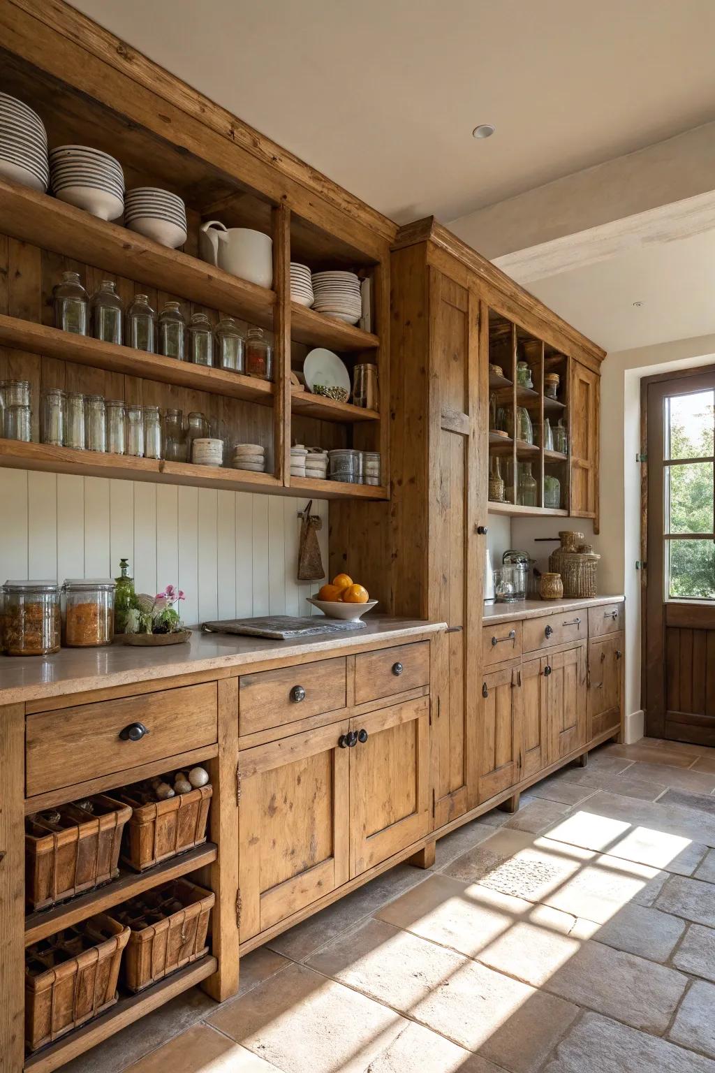 Cabinets crafted from salvaged lumber infuse this modern rustic kitchen with character and a sense of welcoming warmth.