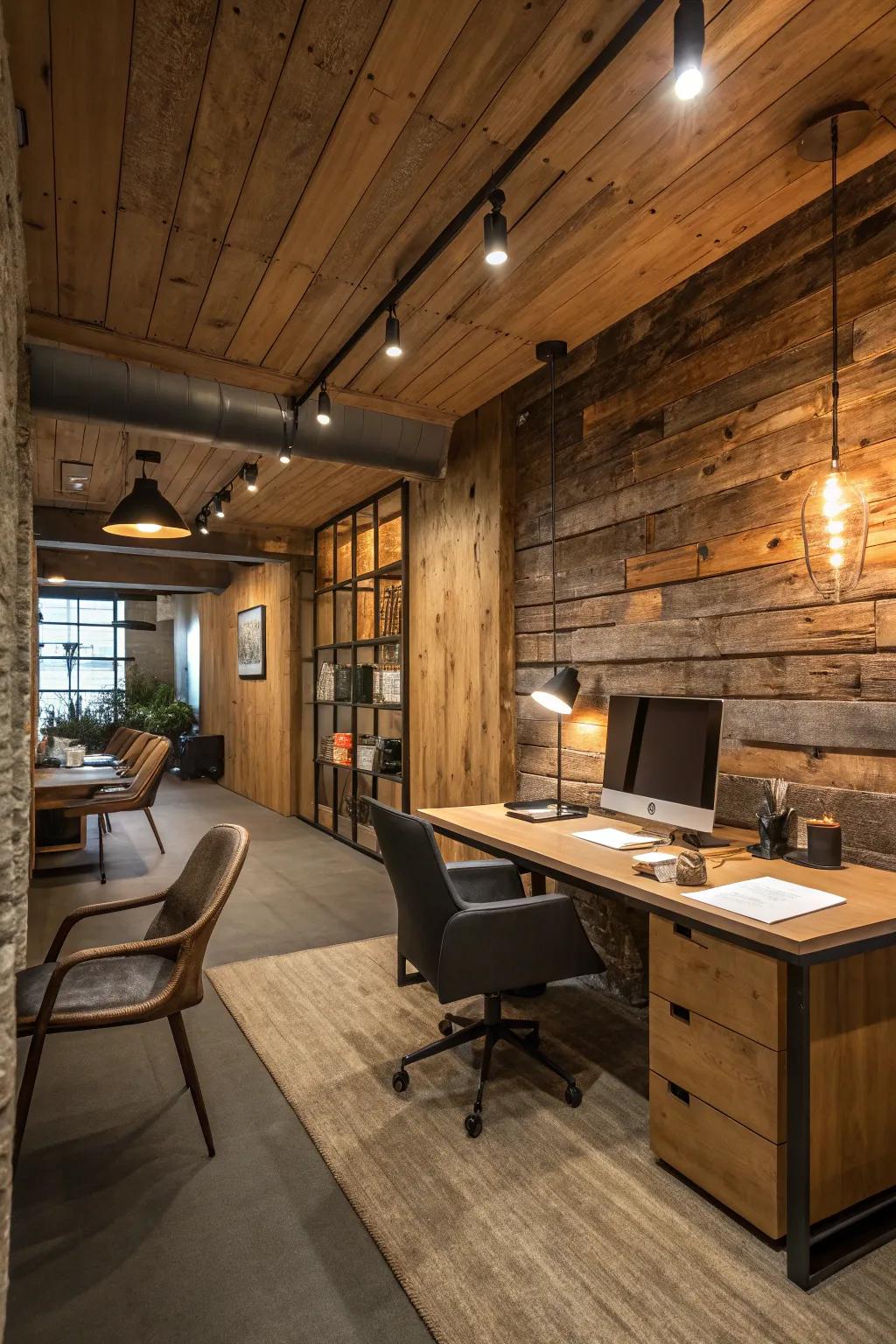 Walls of upcycled timber craft a snug setting in a modern rustic office.