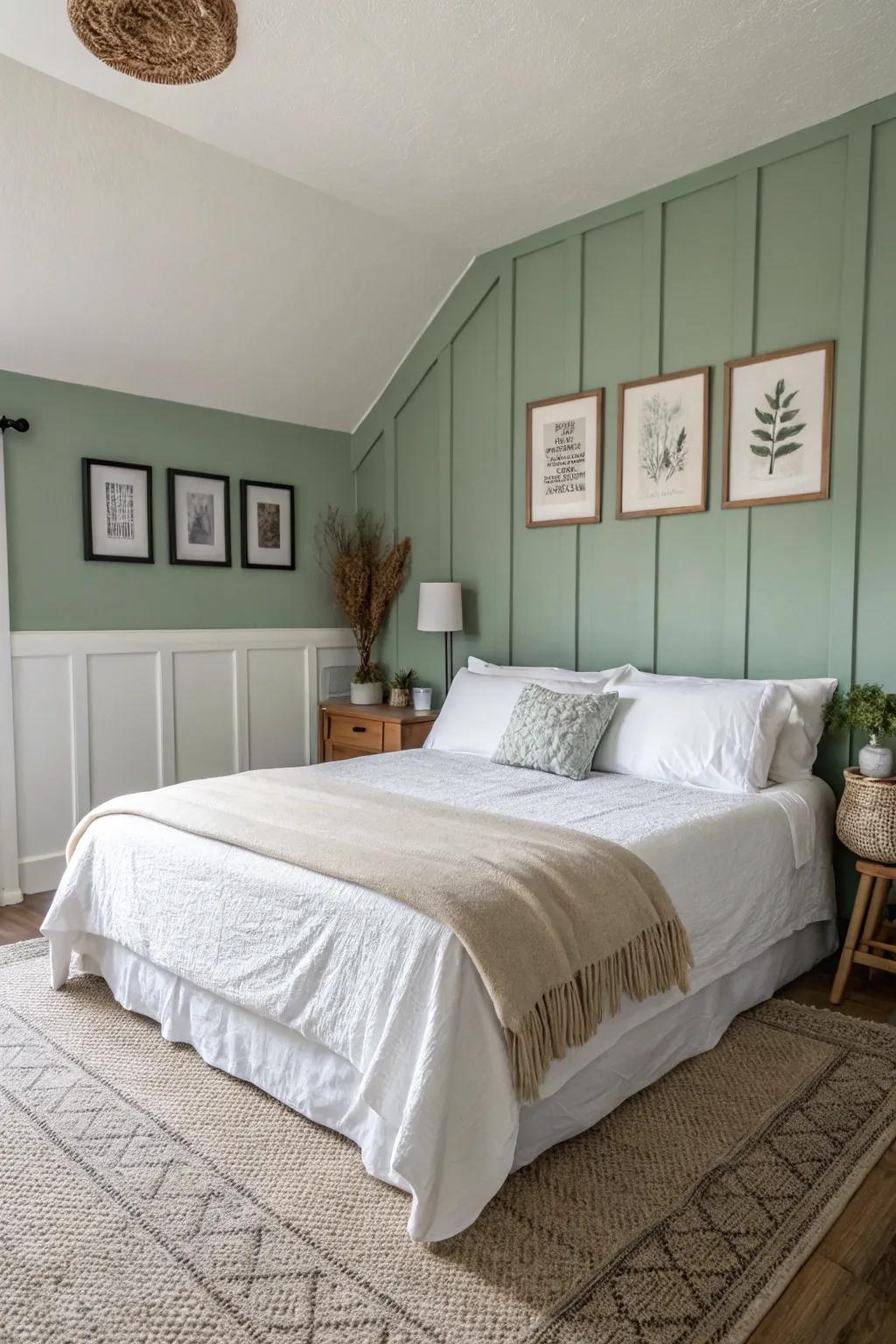 A focal wall in sage green establishes a serene ambiance in this modern bedroom.